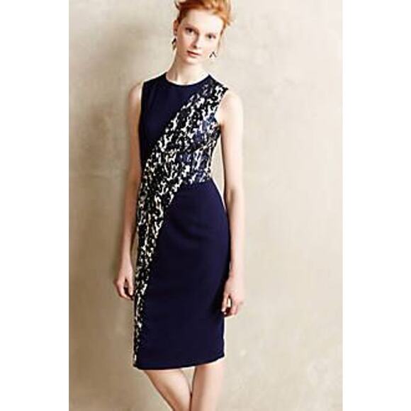 Misha Nonoo Anthro Espalier navy blue Brocade patterned sheath dress, 6 - Picture 1 of 12